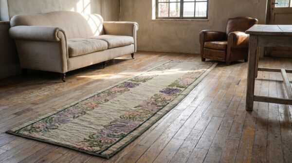 Antique ivory open field american folk art hooked hallway runner rug 10 Antique ivory open field american folk art hooked hallway runner rug (sku 17294) - room view