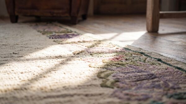 Antique ivory open field american folk art hooked hallway runner rug 11 Antique ivory open field american folk art hooked hallway runner rug (sku 17294) - in-room detail