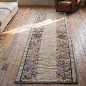 Antique Ivory Open Field American Folk Art Hooked Hallway Runner Rug (SKU 17294) - styled overhead view