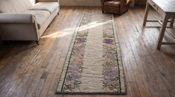 Antique ivory open field american folk art hooked hallway runner rug 2 Antique ivory open field american folk art hooked hallway runner rug (sku 17294) - styled overhead view