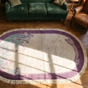 Ivory Antique Open Field Chinese Art Deco Oval Shape Area Rug (SKU 22186) - styled overhead view