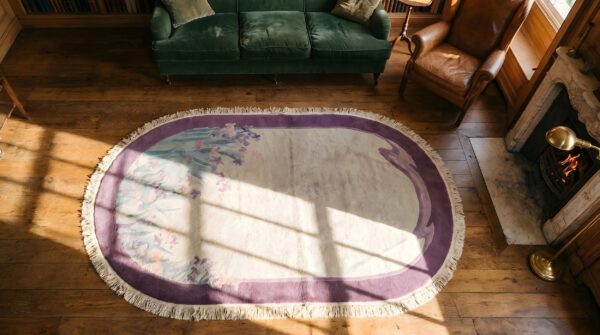 Ivory antique open field chinese art deco oval shape area rug 2 Ivory antique open field chinese art deco oval shape area rug (sku 22186) - styled overhead view