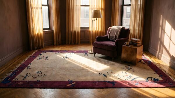 Antique ivory open field chinese deco knotted wool pile area rug 13 Antique ivory open field chinese deco knotted wool pile area rug (sku 24094) - room view