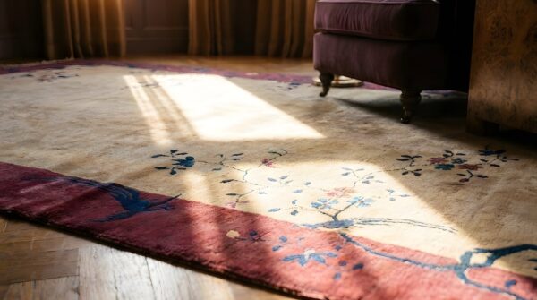 Antique ivory open field chinese deco knotted wool pile area rug 14 Antique ivory open field chinese deco knotted wool pile area rug (sku 24094) - in-room detail
