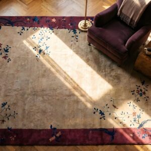 Antique Ivory Open Field Chinese Deco Knotted Wool Pile Area Rug (SKU 24094) - styled overhead view