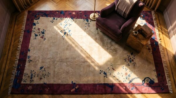 Antique ivory open field chinese deco knotted wool pile area rug 2 Antique ivory open field chinese deco knotted wool pile area rug (sku 24094) - styled overhead view