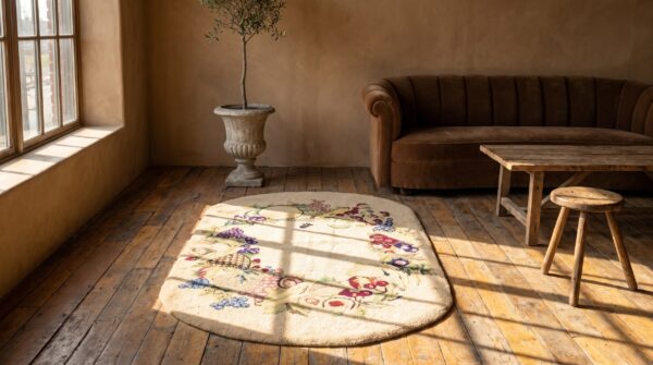 Antique ivory open field small oval american hooked folk art rug 5 Antique ivory open field small oval american hooked folk art rug (sku 20546) - room view