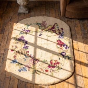 Antique Ivory Open Field Small Oval American Hooked Folk Art Rug (SKU 20546) - styled overhead view
