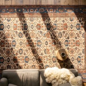 Antique Ivory Persian Room Size Allover Tribal Pattern Sultanabad Rug (SKU 25595) - styled overhead view