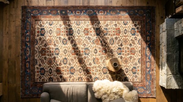 Antique ivory persian room size allover tribal pattern sultanabad rug 2 Antique ivory persian room size allover tribal pattern sultanabad rug (sku 25595) - styled overhead view