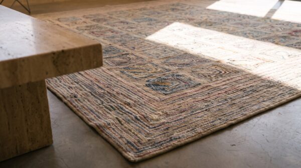 Ivory room size american hooked 1890s wool antique rug 8 Ivory room size american hooked 1890s wool antique rug (sku 20139) - in-room detail