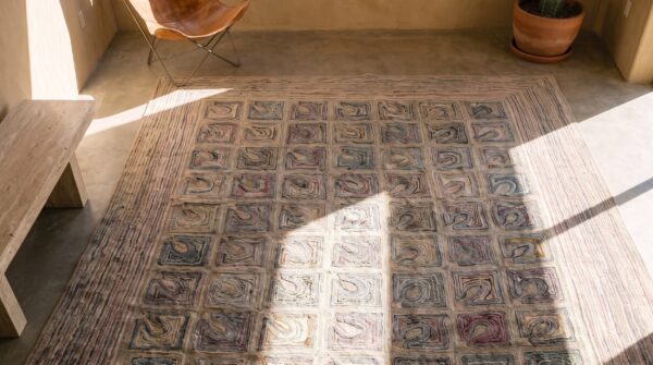 Ivory room size american hooked 1890s wool antique rug 2 Ivory room size american hooked 1890s wool antique rug (sku 20139) - styled overhead view