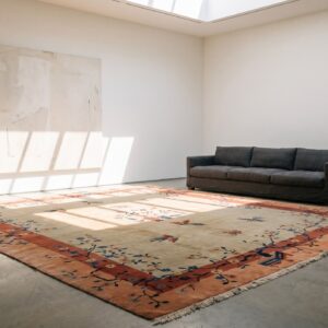 Ivory Room Size Antique Chinese Wool Pile Art Deco Floral Bird Rug (SKU 22810) - room view