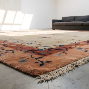 Ivory Room Size Antique Chinese Wool Pile Art Deco Floral Bird Rug (SKU 22810) - in-room detail