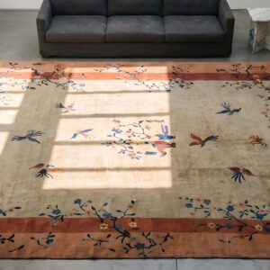 Ivory Room Size Antique Chinese Wool Pile Art Deco Floral Bird Rug (SKU 22810) - styled overhead view