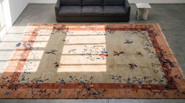 Ivory room size antique chinese wool pile art deco floral bird rug 2 Ivory room size antique chinese wool pile art deco floral bird rug (sku 22810) - styled overhead view