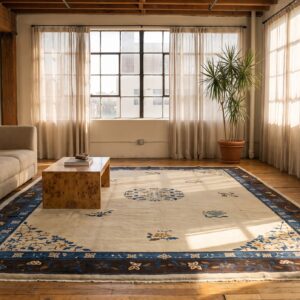 Ivory Wool Pile Room Size Antique Chinese Open Field Floral Medallion Peking Rug (SKU 23161) - room view