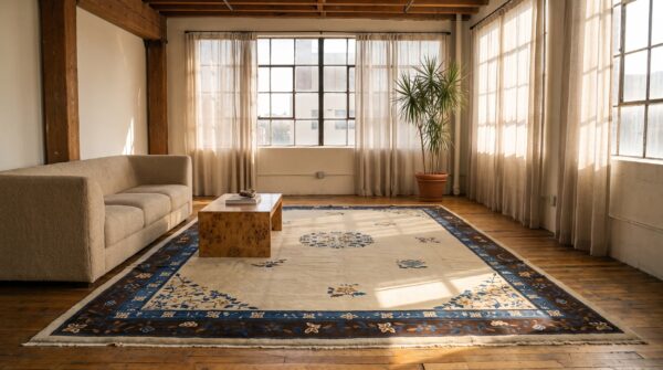 Ivory wool pile room size antique chinese open field floral medallion peking rug (sku 23161) - room view