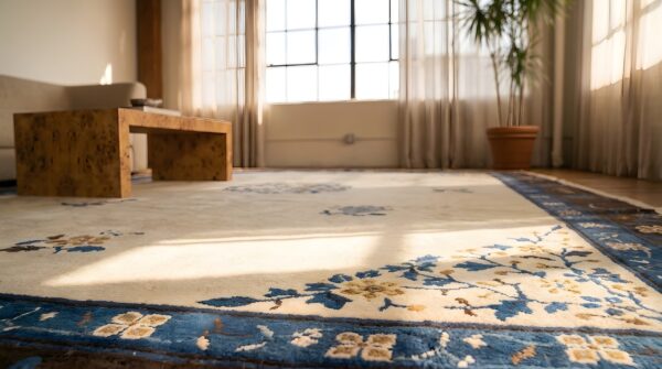Ivory wool pile room size antique chinese open field floral medallion peking rug (sku 23161) - in-room detail