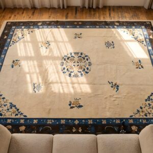 Ivory Wool Pile Room Size Antique Chinese Open Field Floral Medallion Peking Rug (SKU 23161) - styled overhead view