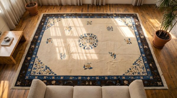 Ivory wool pile room size antique chinese open field floral medallion peking rug (sku 23161) - styled overhead view