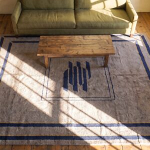 Ivory Room Size Antique Early 20th Century Spanish Geometric Art Deco Carpet (SKU 25499) - styled overhead view