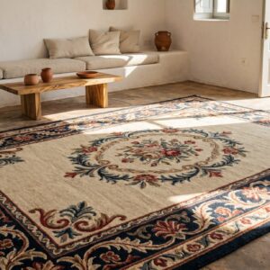 Ivory Room Size Antique European Floral Medallion American Hooked Rug (SKU 19736) - room view