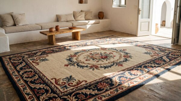 Ivory room size antique european floral medallion american hooked rug (sku 19736) - room view