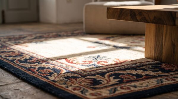 Ivory room size antique european floral medallion american hooked rug (sku 19736) - in-room detail