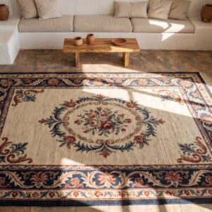 Ivory Room Size Antique European Floral Medallion American Hooked Rug (SKU 19736) - styled overhead view