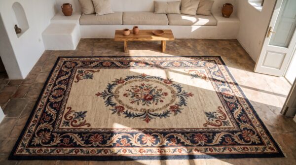 Ivory room size antique european floral medallion american hooked rug (sku 19736) - styled overhead view