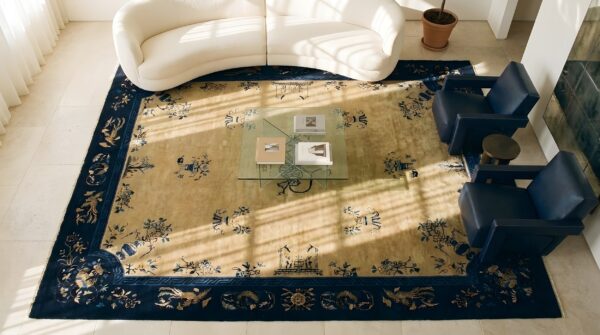 Antique ivory room size floral chinese 1920s rug (sku 25424) - styled overhead view