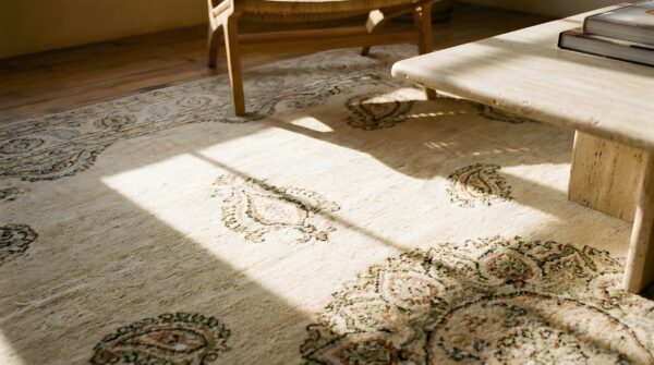 Ivory room size antique indian paisley design amritsar rug 9 Ivory room size antique indian paisley design amritsar rug (sku 24325) - in-room detail