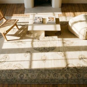 Ivory Room Size Antique Indian Paisley Design Amritsar Rug (SKU 24325) - styled overhead view
