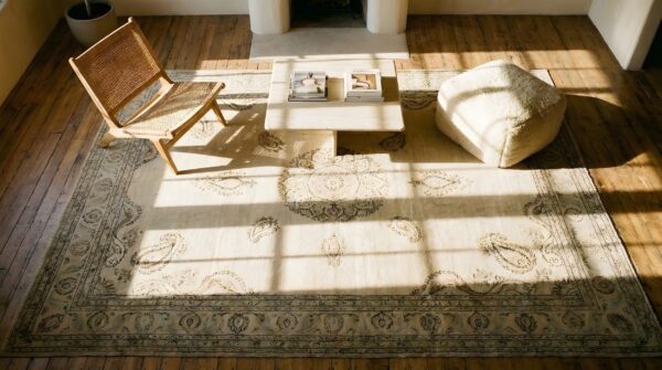 Ivory room size antique indian paisley design amritsar rug 2 Ivory room size antique indian paisley design amritsar rug (sku 24325) - styled overhead view