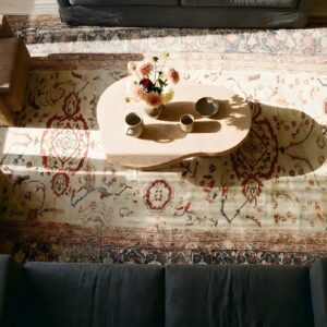 Antique Ivory Room Size Tribal Allover Design Persian Sultanabad Rug (SKU 25637) - styled overhead view