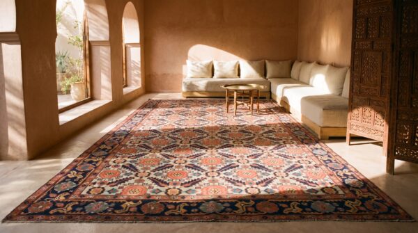 Antique ivory room size tribal mina khani design persian sultanabad rug 7 Antique ivory room size tribal mina khani design persian sultanabad rug (sku 25524) - room view