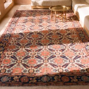 Antique Ivory Room Size Tribal Mina Khani Design Persian Sultanabad Rug (SKU 25524) - styled overhead view