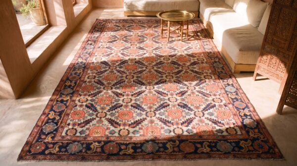 Antique ivory room size tribal mina khani design persian sultanabad rug 2 Antique ivory room size tribal mina khani design persian sultanabad rug (sku 25524) - styled overhead view