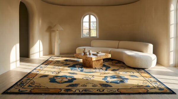 Ivory antique scenic animal cloud band pictorial chinese scholars design peking area rug 7 Ivory antique scenic animal cloud band pictorial chinese scholars design peking area rug (sku 23823) - room view