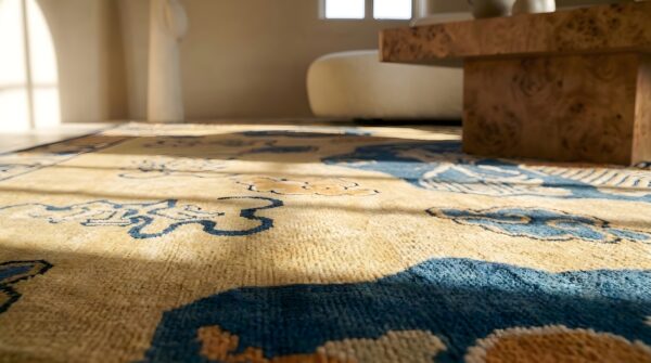 Ivory antique scenic animal cloud band pictorial chinese scholars design peking area rug 8 Ivory antique scenic animal cloud band pictorial chinese scholars design peking area rug (sku 23823) - in-room detail