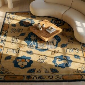 Ivory Antique Scenic Animal Cloud Band Pictorial Chinese Scholars Design Peking Area Rug (SKU 23823) - styled overhead view