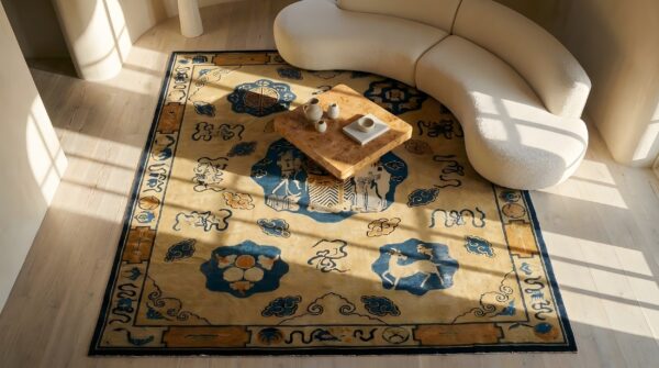 Ivory antique scenic animal cloud band pictorial chinese scholars design peking area rug 2 Ivory antique scenic animal cloud band pictorial chinese scholars design peking area rug (sku 23823) - styled overhead view