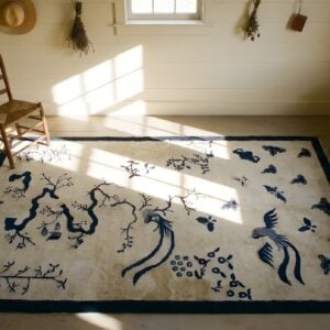 Ivory Scenic Bird of Paradise Antique Chinese Bat Cloud Band Design Peking Rug (SKU 25319) - styled overhead view