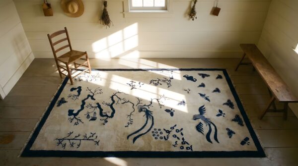 Ivory scenic bird of paradise antique chinese bat cloud band design peking rug 2 Ivory scenic bird of paradise antique chinese bat cloud band design peking rug (sku 25319) - styled overhead view
