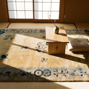 Ivory Small Scatter Size Chinese - Peking Knotted Wool 1920s Antique Rectangle Rug (SKU 25837) - room view