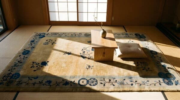 Ivory small scatter size chinese - peking knotted wool 1920s antique rectangle rug 8 Ivory small scatter size chinese - peking knotted wool 1920s antique rectangle rug (sku 25837) - room view