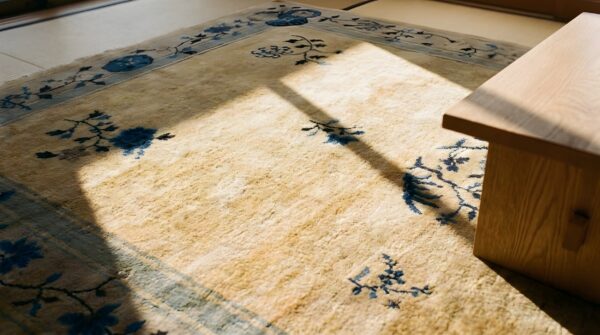 Ivory small scatter size chinese - peking knotted wool 1920s antique rectangle rug 9 Ivory small scatter size chinese - peking knotted wool 1920s antique rectangle rug (sku 25837) - in-room detail