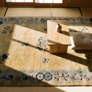 Ivory Small Scatter Size Chinese - Peking Knotted Wool 1920s Antique Rectangle Rug (SKU 25837) - styled overhead view