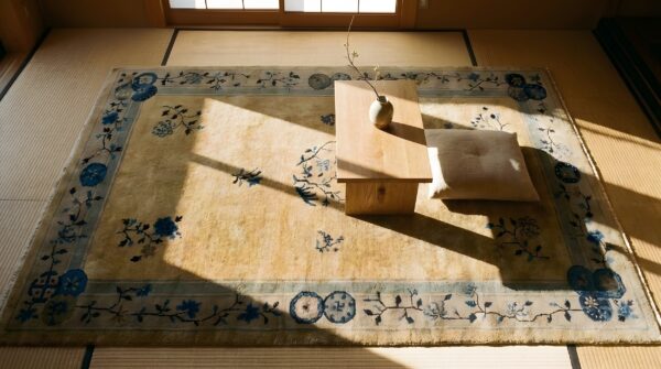 Ivory small scatter size chinese - peking knotted wool 1920s antique rectangle rug 2 Ivory small scatter size chinese - peking knotted wool 1920s antique rectangle rug (sku 25837) - styled overhead view